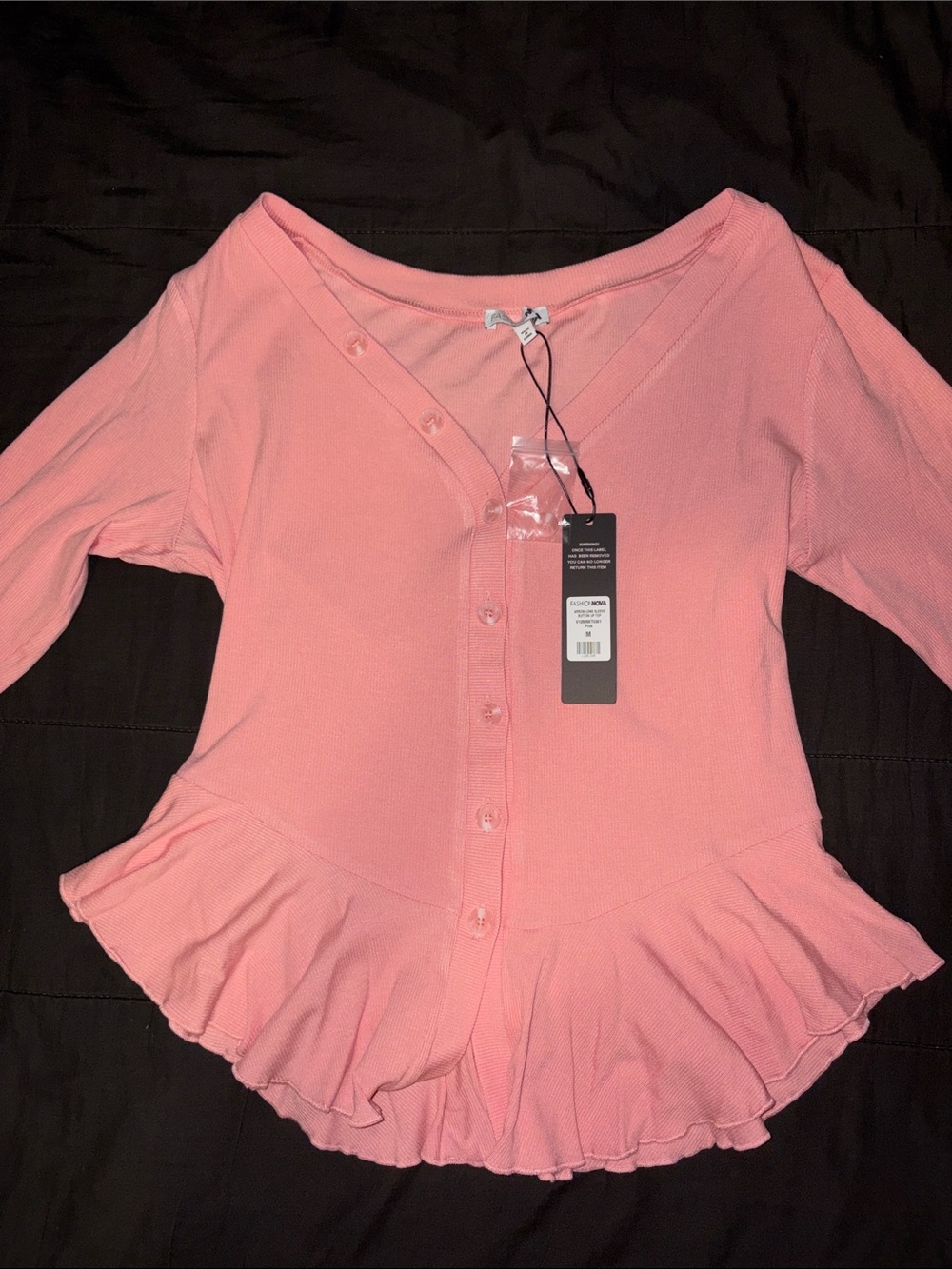 Fashion Nova Pink Ruffle Hem Button-Down Top